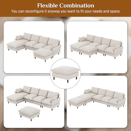 U-Shaped Sectional Sofa Couch, 112" Comfy Deep Seat Cloud Couch with Convertible Ottoman & Chaise, Modern Oversized Modular 5 Seat Sleeper Sofa Set for Living Room Office, Beige White Chenille