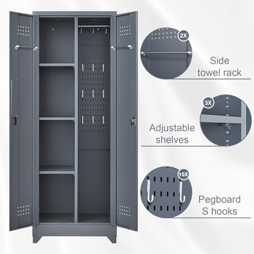 Metal Broom Storage Cabinet with Doors, 65" Steel Tool Storage Cabinet with Hanging Rod, Cleaning Storage Cabinet with Locking Doors, Broom Tool Storage Cabinet for Office, Garage
