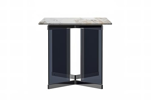 LeisureMod Modern Rectangular Table with Glass/Sintered Stone Top and Stainless Steel Base, 4 to 8 People for Dining Room and Kitchen Oryn Series, 71 Inch, Medium Grey