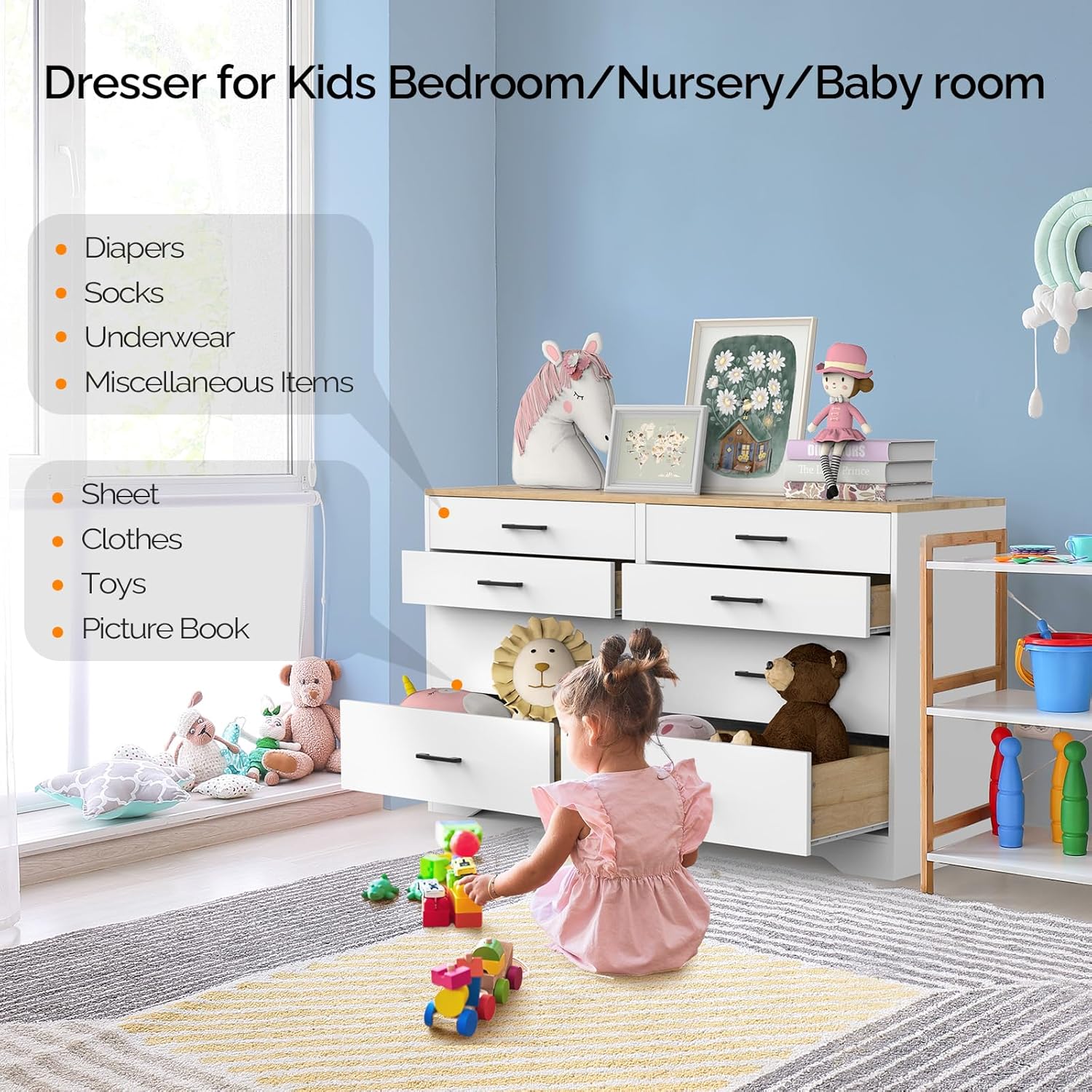 VINGLI 8 Drawer Dresser for Bedroom, White Dresser, Kids Dresser Wood Chest of Drawers, Baby Dresser for Nursery, Nursery Dresser, Storage Dresser Cabinet, Long Dresser, Modern Dresser, Brown Top