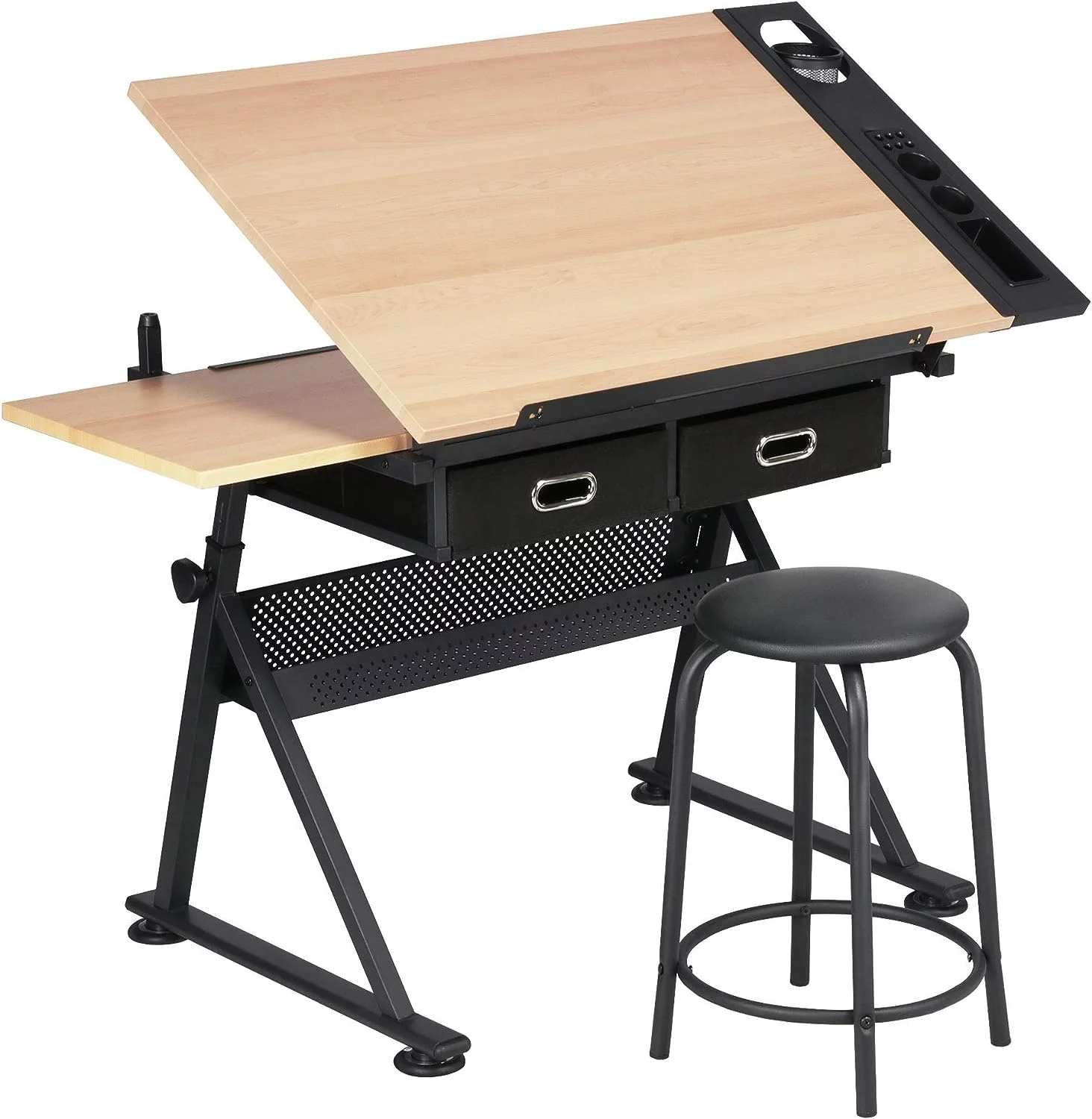 Height Adjustable Drafting Table Drawing Table Artist Desk Tilting Tabletop Art Craft Desk Watercolor Paintings Sketching Work Station w/2 Storage Drawers and Stool for Home Office