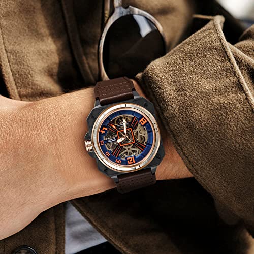 Automatic Skeleton Watches for Men, Luxury Skeleton Mechanical Dress Watch Self Winding, Waterproof Automatic Skeleton Watches for Men, Leather Strap Wrist Watches
