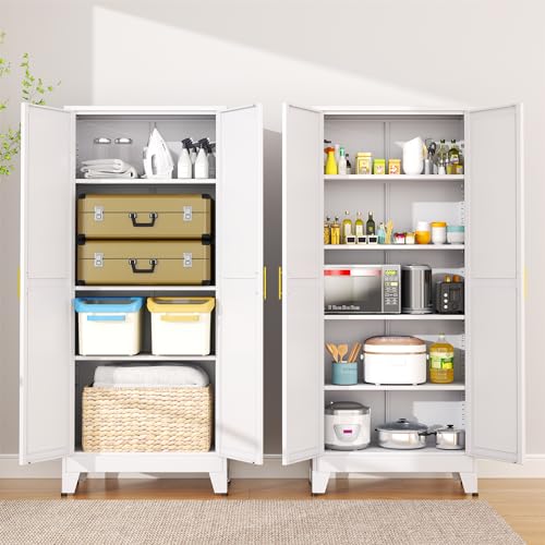 75.2”H Pantry Storage Cabinet, Kitchen Storage Cabinets with Adjustable Feet and Shelves, Metal Pantry Cabinet for Kitchen, Living Room, Laundry Room and Dinning Room