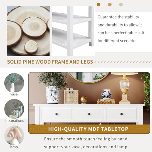 50" Console Hallway Table, Retro Design Entryway Table with 2 Open Shelves and 3 Storage Drawers Solid Wood Sofa Tables Home Furniture for Front Hall, Hallway, Sofa, Couch, Living Room,Beige