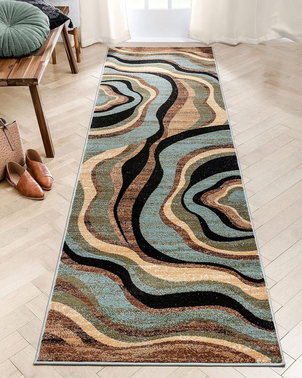 Hudson Waves Blue Brown Geometric Modern Casual Area Rug 8x10 8x11 ( 7'10" x 9'10" ) Easy to Clean Stain Fade Resistant Shed Free Abstract Contemporary Natural Lines Multi Soft Living Dining Room Rug