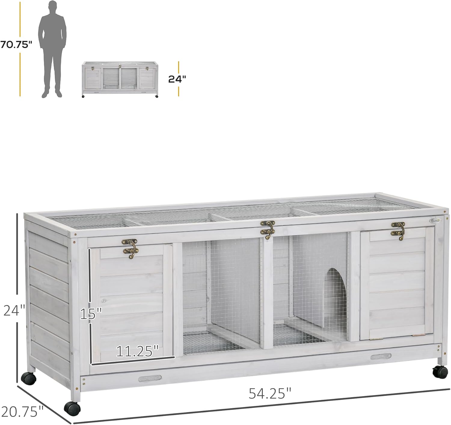Wooden Rabbit Hutch, Bunny Cage with Wheels, Dividers, Openable Roof, Removable Trays, Small Animal Cages for 1-2 Rabbits, Indoor Outdoor Use, Light Gray