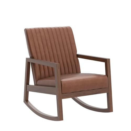 CIMOTA Leather Modern Rocking Chair Mid Century Armchair Upholstered Arm Chair with Padded Seat/Wood Frame, Comfy Rocker for Living Room/Bedroom, Retro Dark Brown PU