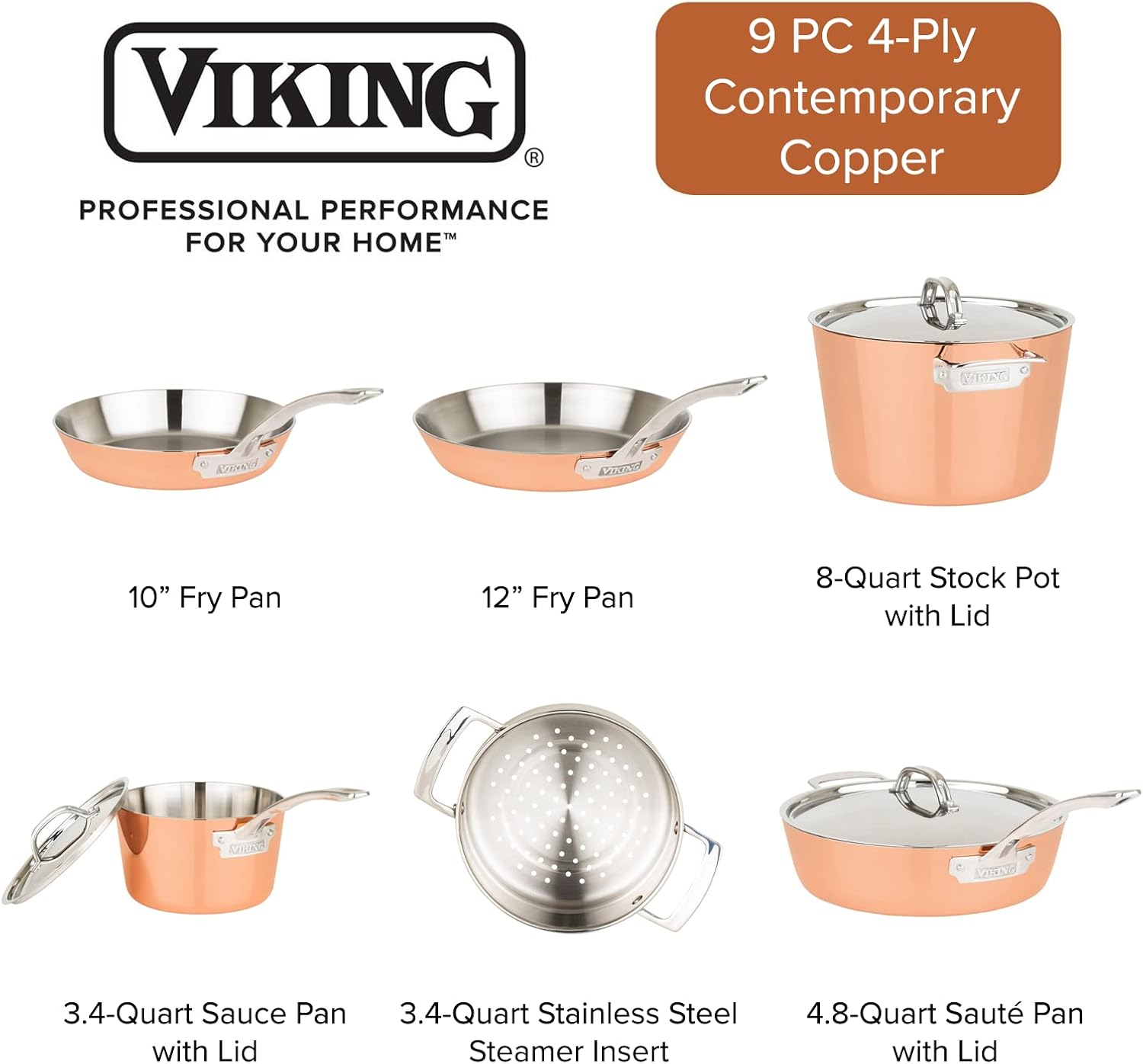 Viking Culinary Contemporary 4-Ply Copper Clad Cookware Set with Metal Lids, 9 Piece, Oven Safe, Works on All Cooktops including Induction