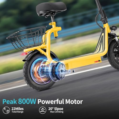 Caroma Peak 800W/1200W Electric Scooter Adults, 30 Miles Max Range, Foldable Electric Scooter with Seat, Front Suspension, Detachable Large Basket,Commuter E-Scooter for Adult and Teens