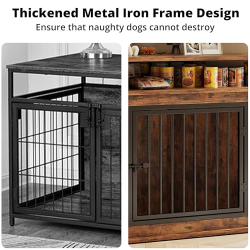 IRONCK 51" Corner Wooden Dog Crate Furniture with 2-Tier Shelves, Pet Kennel for Large Dogs, Space-Saving Dog Cage Indoor, Rustic Brown (26.7" L x 51.2" W x 33.5" H)