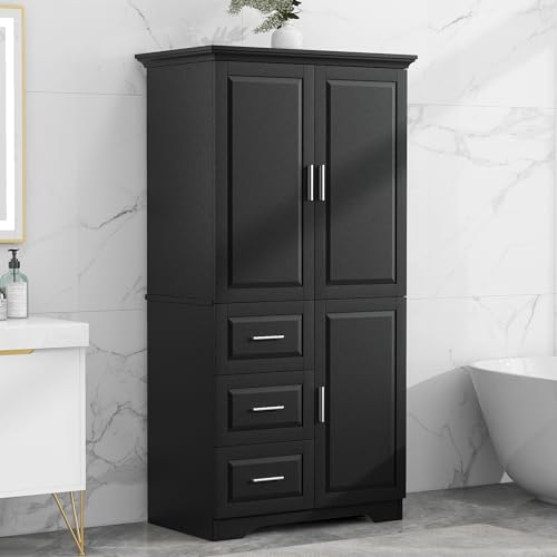 Polibi Tall Storage Cabinet, Modern Freestanding Pantry with 3 Doors, Adjustable Shelves and 3 Storage Drawers for Kitchen/Bathroom/Living Room/Office, White