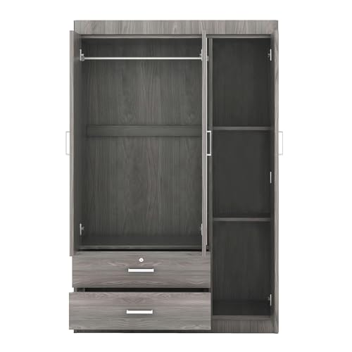 3 Doors Wardrobe Armoire with Mirror, Modern Wood Armoire Wardrobe Cabinet with Shelves & Hanging Rod, Bedroom Armoire Clothes Organizer (Gray-3G)