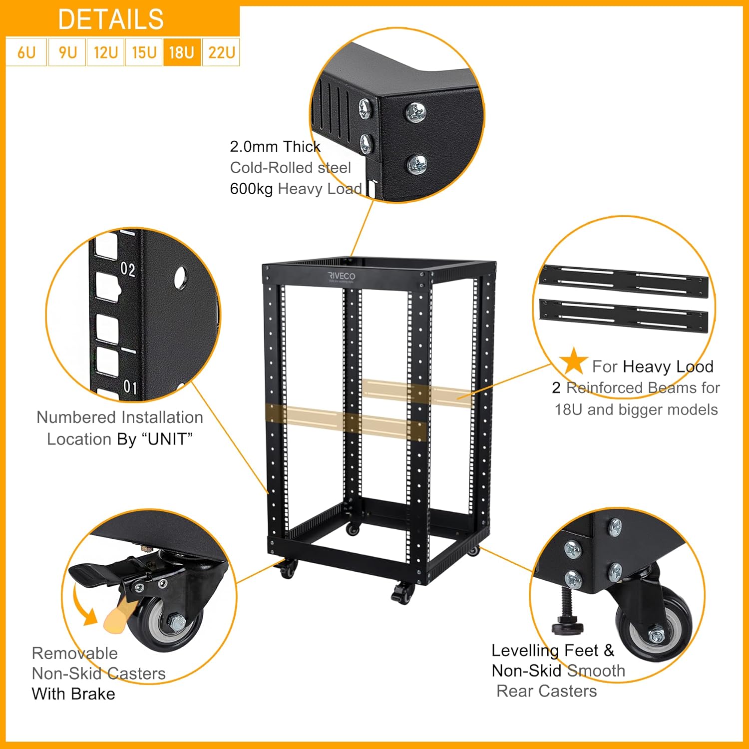RIVECO 9U Open Frame Server Rack with Casters- Heavy Duty 4 Post Quick Assembly 19-inch, Stereo Rack Network Cabinet Black