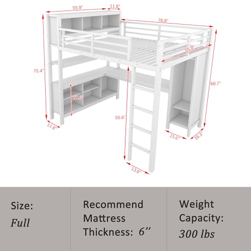 Linique Metal Loft Bed with Wardrobe & L-Shaped Desk - Sturdy Space-Saving Loft Bed Includes Storage Cubes, Shelves for Kids, Teens, Adults (White, Queen)