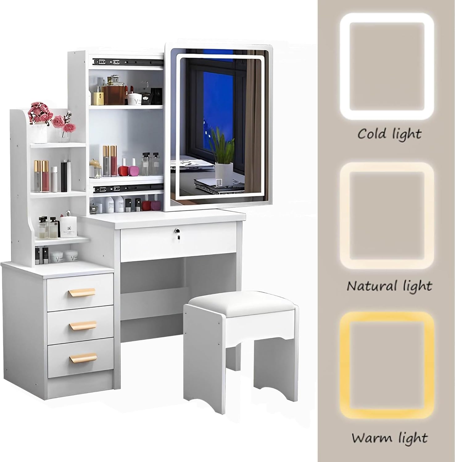 Vanity Desk with Mirror and Lights, Makeup Desk with Drawers and Shelves,3 Color Lighting Brightness Adjustable,Modern Makeup Vanity Table Set with Stool for Woman,Girl,Hidden Storage Space,White