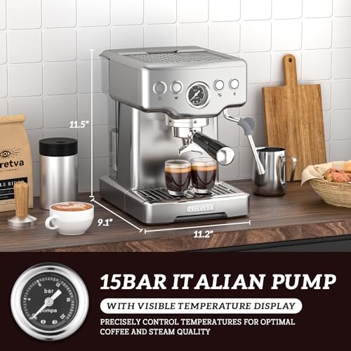 Neretva 15 Bar Espresso Machine with Milk Frother Steam Wand for Cappuccino, Latte, Macchiato, 1450W Professional Coffee Machine 1.8L Removable Water Tank For Home Barista