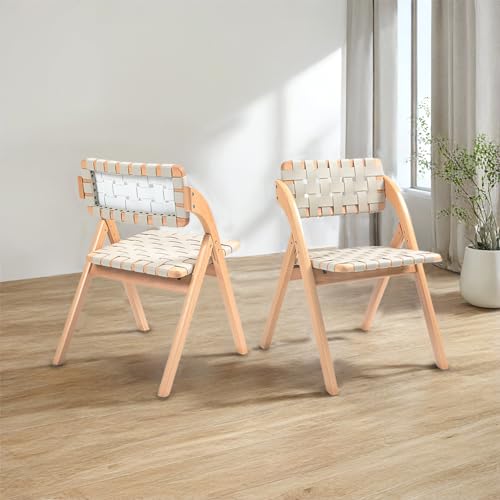 Folding Chairs Set of 2,Wooden Foldable Dining Chairs with Woven Leather Indoor Outdoor Portable Stackable Chairs for Dining Kitchen Office Wedding Picnic(Brown)