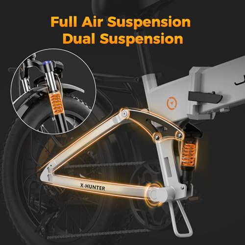 Jasion X-Hunter Electric Bike for Adults,1400W Peak Motor 30MPH Max Speed,624WH Removable Battery Full Suspension 20 * 4.0 Fat Tire Foldable Ebike, 7-Speed Bicycles,with Basket and Cable Lock