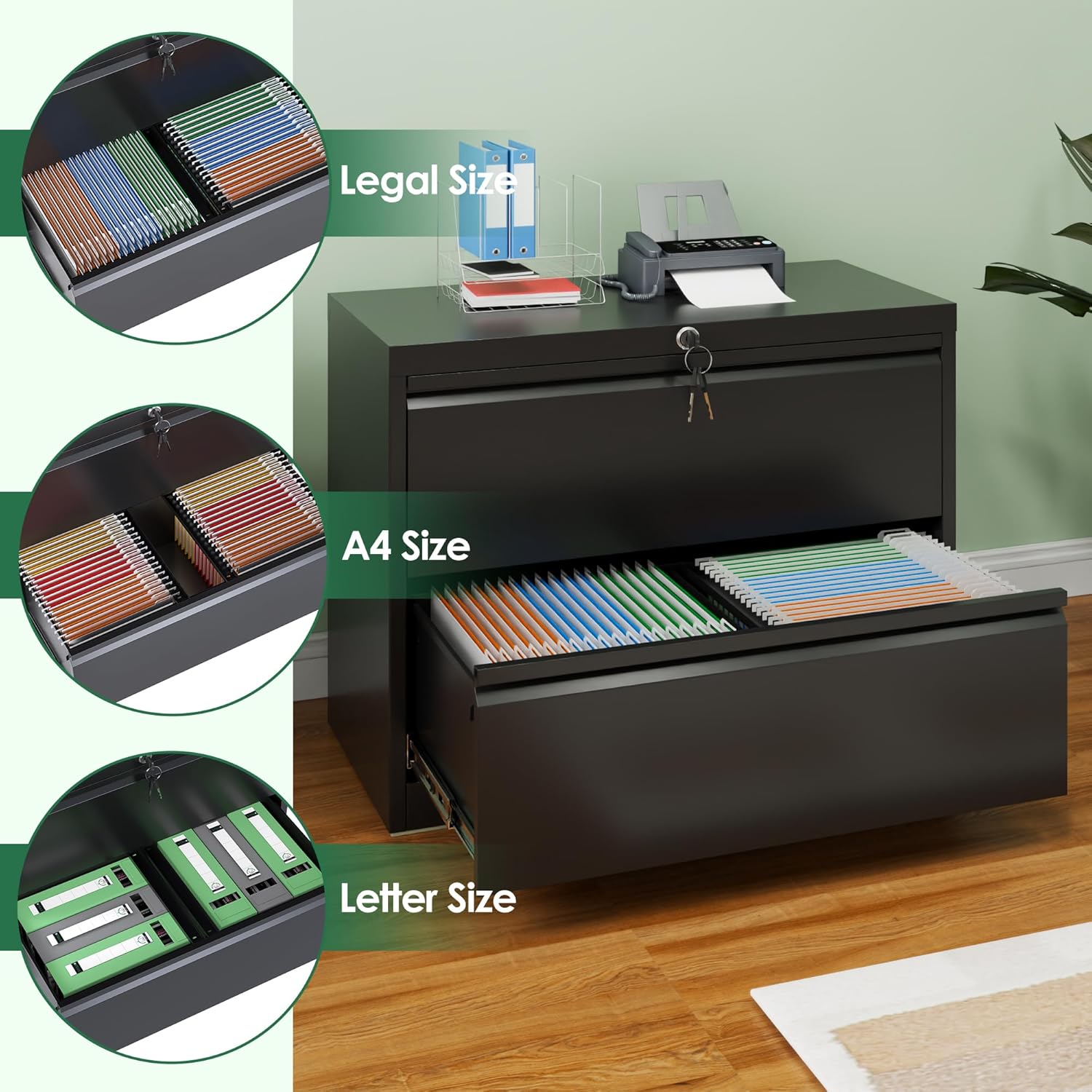Metal Lateral File Cabinet, 2 Drawer Filing Cabinet with Lock, Ins Design Home Office Storage File Cabinet for Letter/Legal/A4 Size, Assembly Required