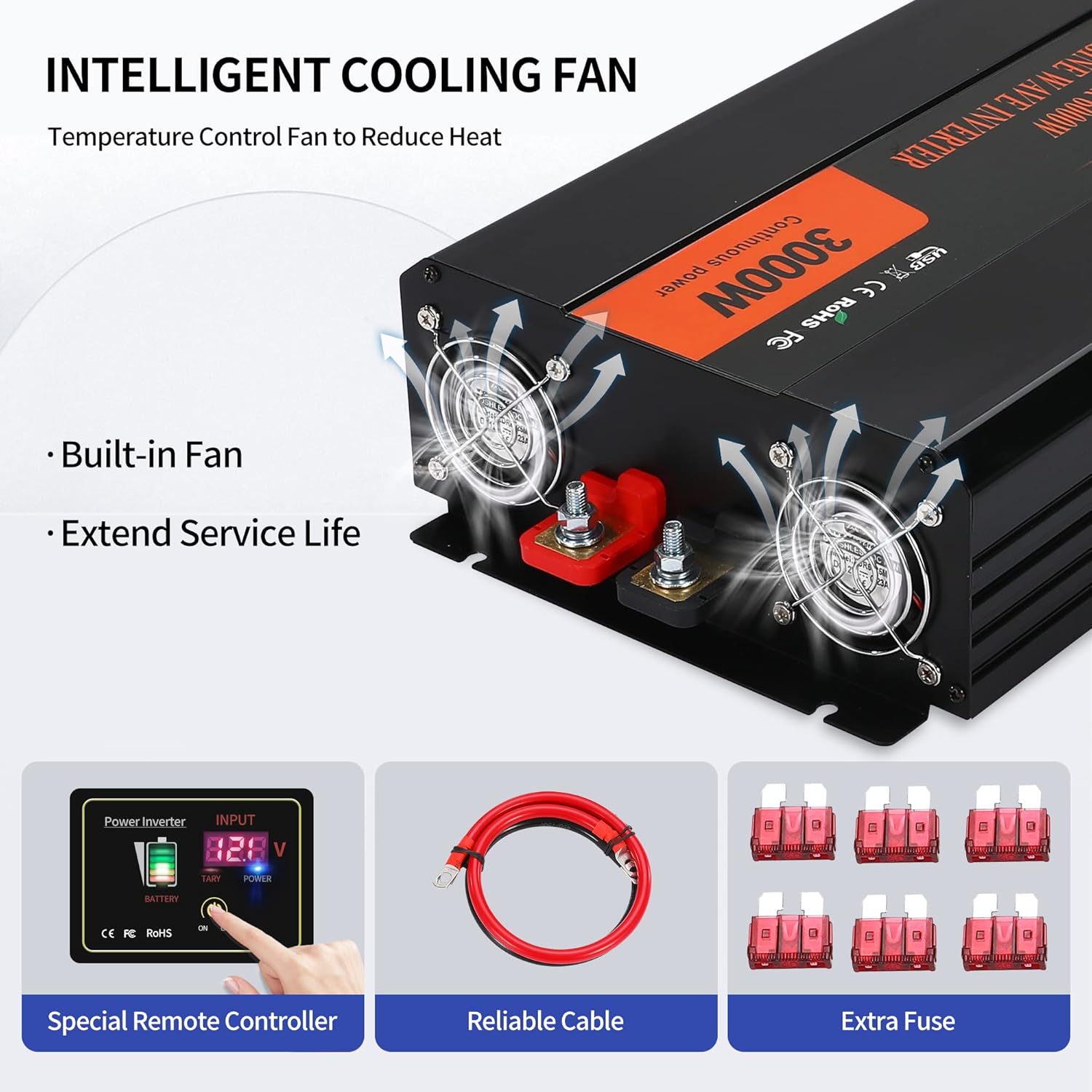 Power Inverter,3000W Pure Sine Wave Inverter DC 12V to AC 120V Car Inverter with LCD Digital Display Remote Control USB Port Power Converter for Travel/Camping