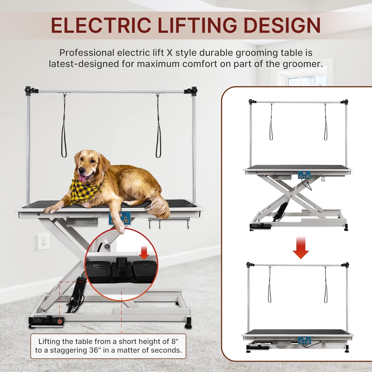 Electric Lift Pet Dog Grooming Table Hydraulic Grooming Table with Adjustable H-Shape Arms and Protective Feet, Heavy Duty Height Adjustable with Overhead Arm, Clamps, and Two Grooming Nooses