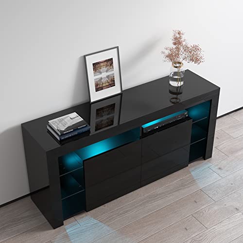 Minelli TV Stand for TVs up to 70", Modern High Gloss 61" Entertainment Center, TV Media Console with Storage Cabinets and LED Lights