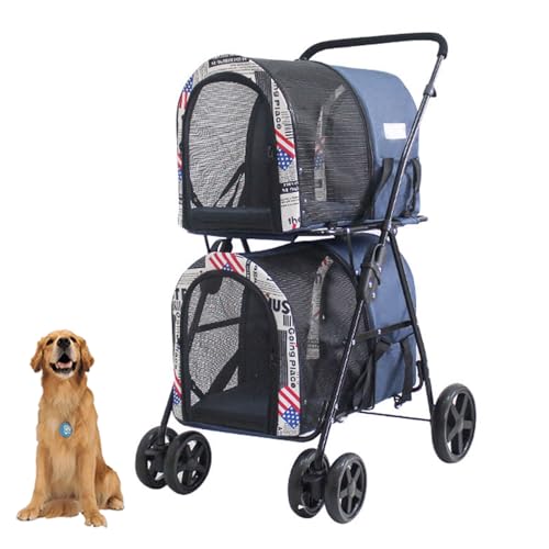 Folding Double Decker Pet Stroller, 4 Wheel Dog Stroller for Large Or 2 Dogs, Dog Stroller with Small Pocket, Pet Can Easily Walk in/Out Up to 22 Lbs,A