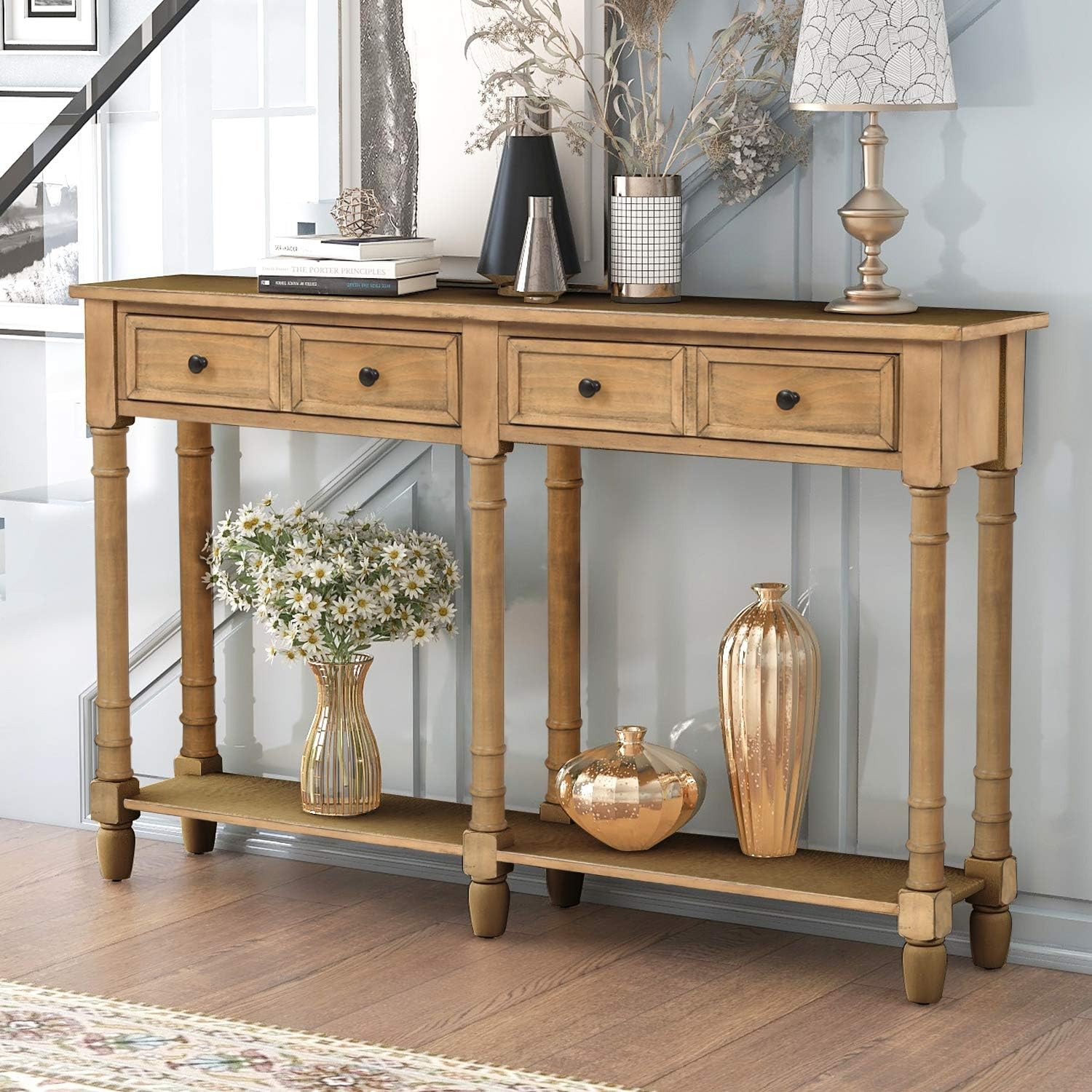 Farmhouse Console Sofa w/Two Storage Drawers & Bottom Shelf, Classic Solid Wood Entryway-Table for Living Room Bedroom Hallway, Easy to Assemble, Old Pine, 58 Inch