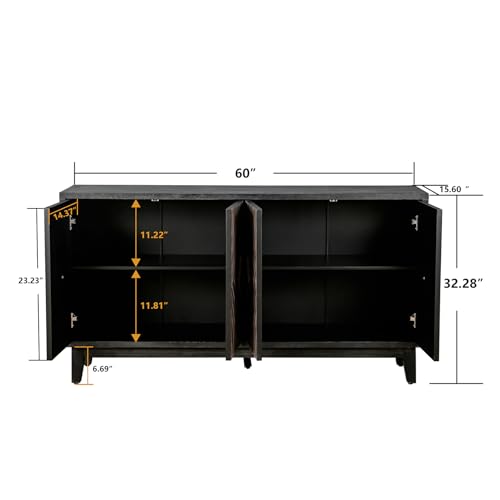 Mid Century Sideboard Buffet Cabinet with Solid Wood Legs, 60" Kitchen Storage Cabinet Credenza with 4 Convex Pattern Diamond Doors and 2 Shelves Accent Console Table, Antique Black