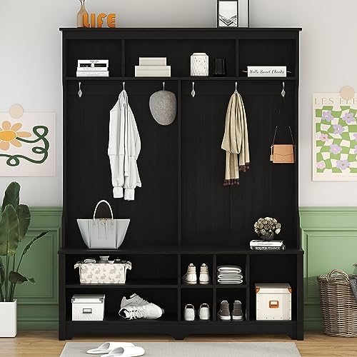 Hall Tree with Storage Bench, 3-in-1 Wooden 60 Inch Mudroom Bench, Farmhouse Entryway Bench for Mudrooms Organization Entryway Living Room(Color:White)