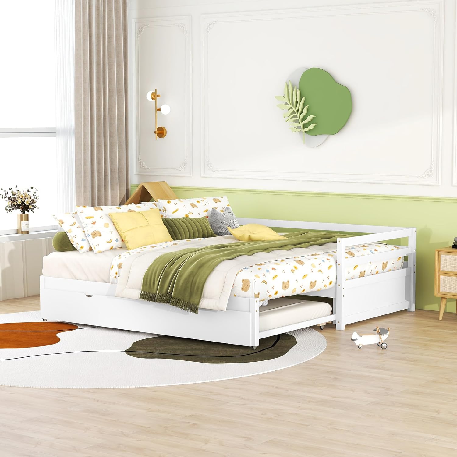 Extendable Daybed with Trundle, Wood Twin to Double Twin Daybed with Pull Out Trundle, Trundle Daybed for Kids Teens, Extending Sofa Bed for Living Room, Bedroom, Guest Room,White