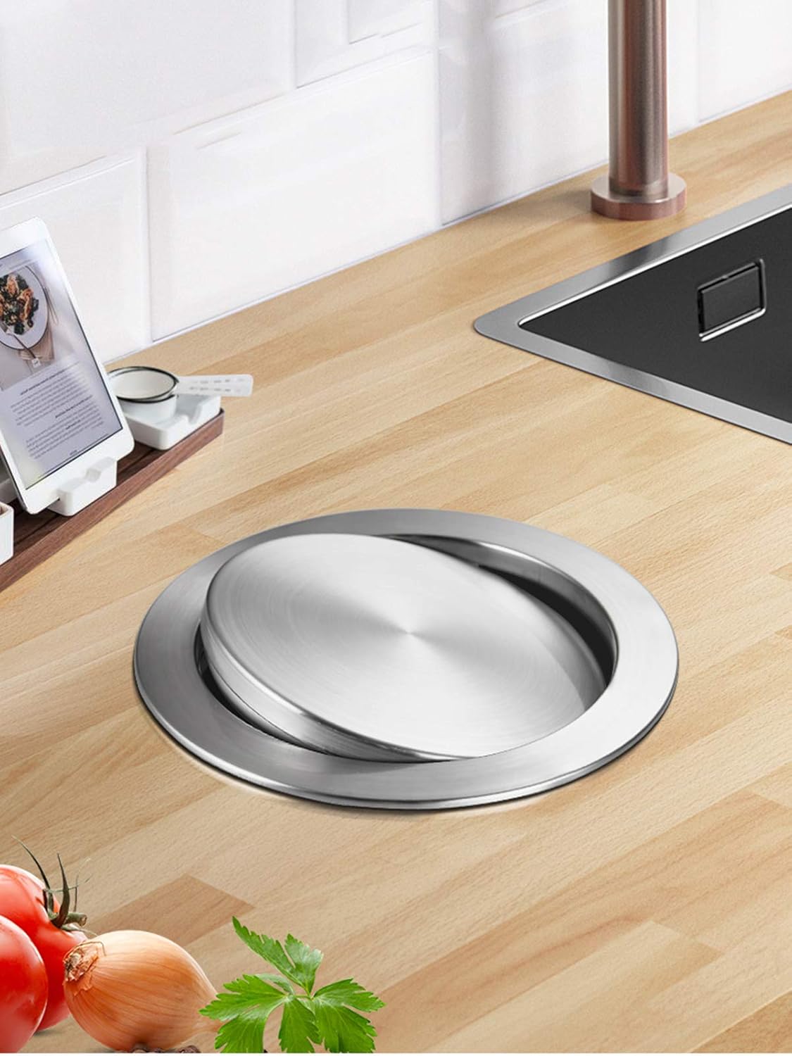 Built-In Round Countertop Trash Bin, Stainless Steel Trash Grommet with Balance Flap Cover for Kitchen Home Garbage Use