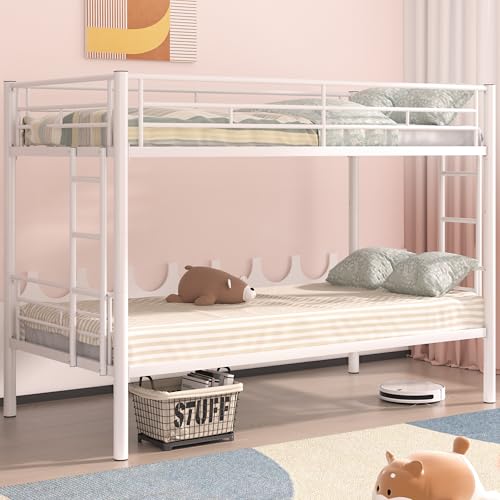 VECELO Metal Loft Bed Twin Size, Heavy Duty Bedframe with Removable Ladder and Safety Guardrail, Space-Saving, Noise Free, No Box Spring Needed, Off White