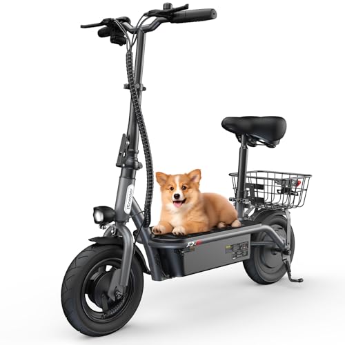 iScooter Electric Scooter with Seat, 37/21 Miles Long Range & 28/19/15.6 MPH Top Speed, 14"/12"/10" Pneumatic Tire, Height Adjustable Seat & Handlebar, Dual Suspensions Commuting Scooter with Basket