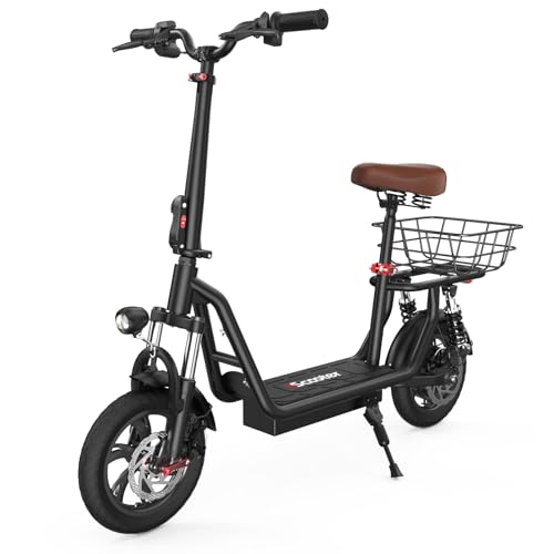 iScooter Electric Scooter with Seat, 37/21 Miles Long Range & 28/19/15.6 MPH Top Speed, 14"/12"/10" Pneumatic Tire, Height Adjustable Seat & Handlebar, Dual Suspensions Commuting Scooter with Basket