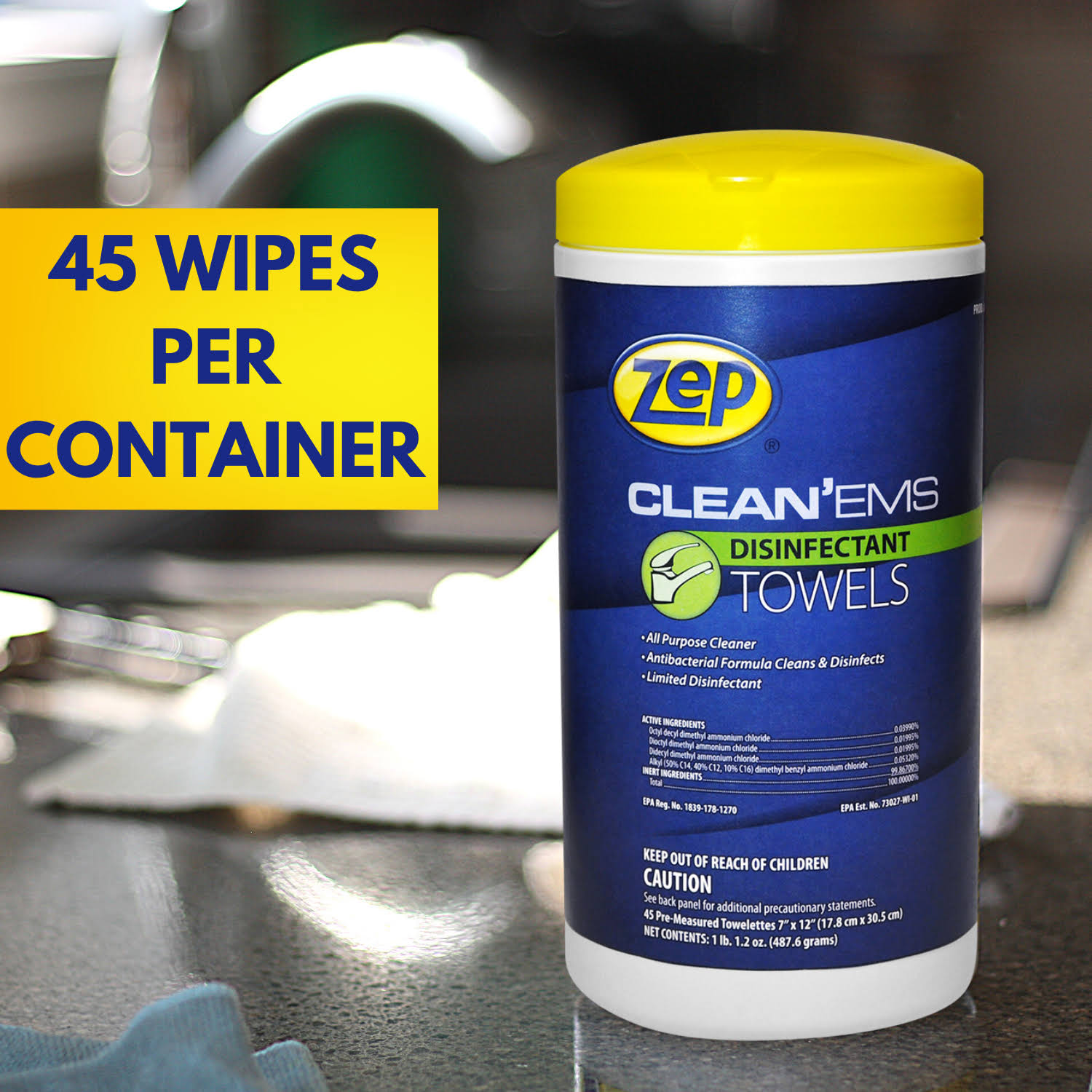 Zep Disinfectant and Sanitizing Wipes (40 Wipes per Canister) - Case of 6 Kills 99.9% of Germs - EPA Registered