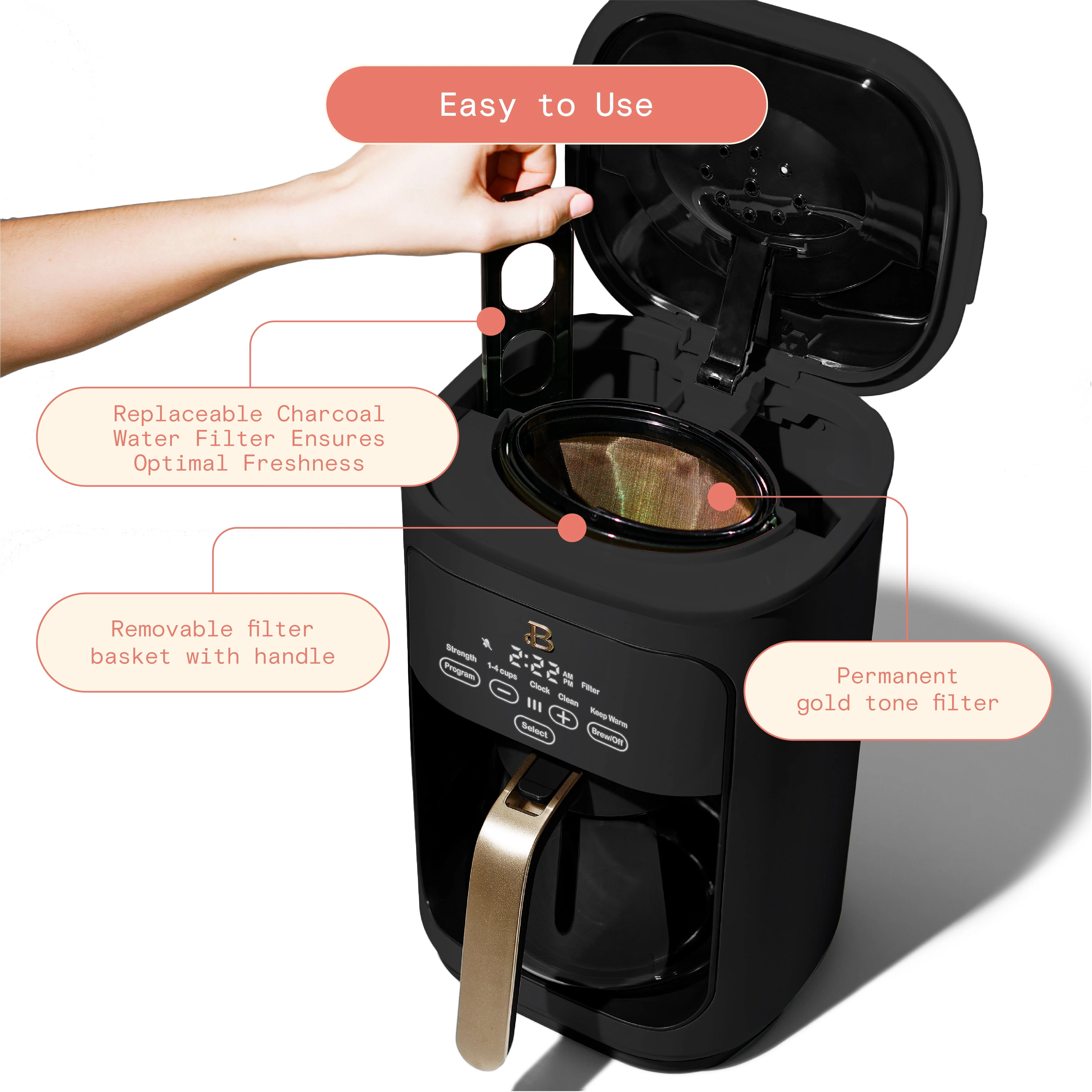 Beautiful 14-Cup Programmable Drip Coffee Maker with Touch-Activated Display, White Icing by Drew Barrymore