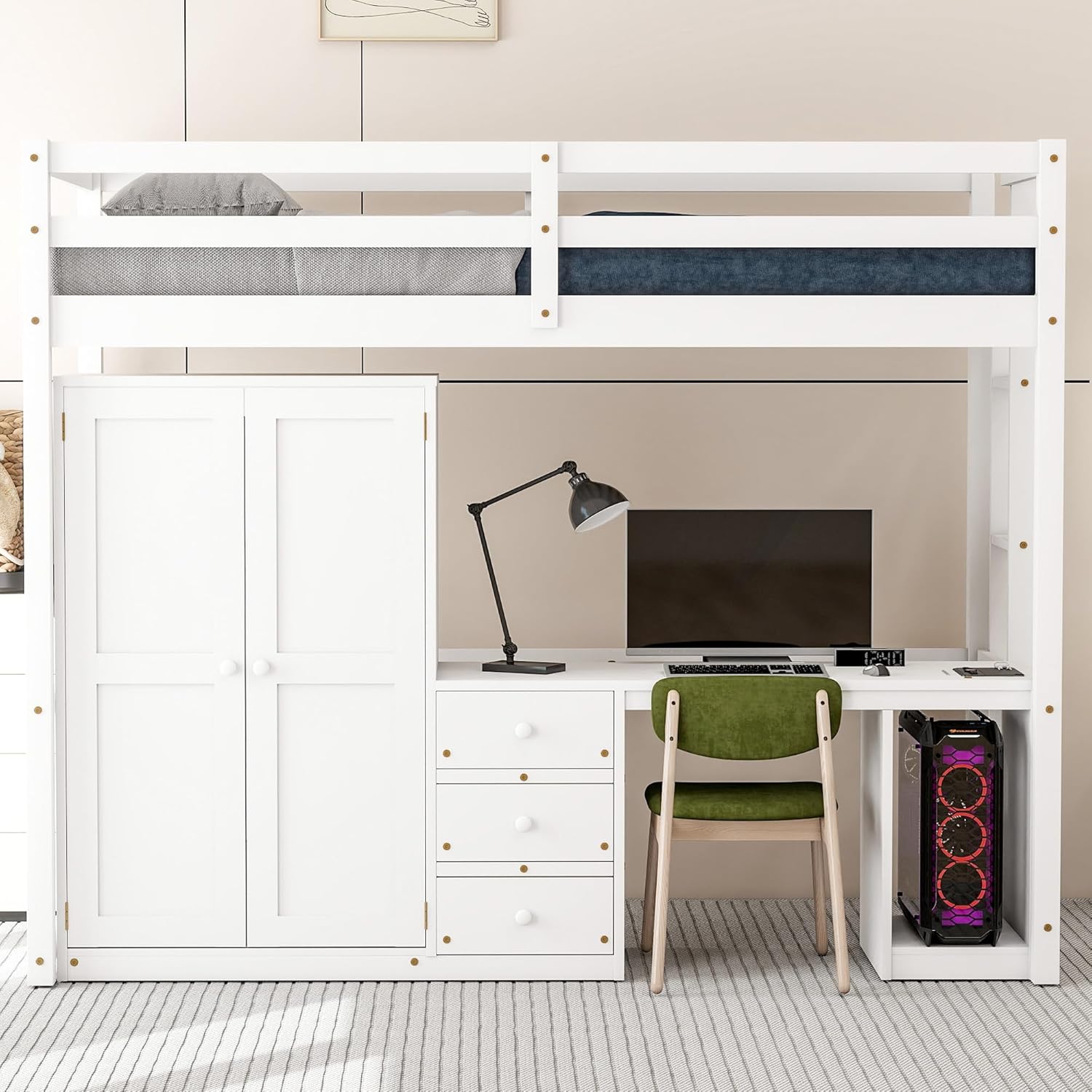 Twin Size Wood Loft Bed with Wardrobe, Desk and Storage Drawers, Versatile Wooden Loft Bed Frame with Large Storage Space for Kids, Boys and Girls, Space-Saving Design, Twin, White