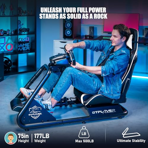 GTPLAYER Racing Simulator Cockpit with Seat and Bluetooth Speakers, Racing Style Reclining Seat and Ultra-Sturdy Alloy Steel Frame, A/B Box (Blue)