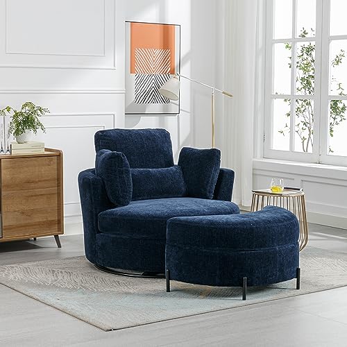 Oversized Swivel Accent Barrel Chair with Storage Ottoman+ 4 Pillow, Comfy Chaise Lounge Chair Big Round Reading Chair Cuddler Chair for Living Room Bedroom(Terracotta Chenille with Ottoman)