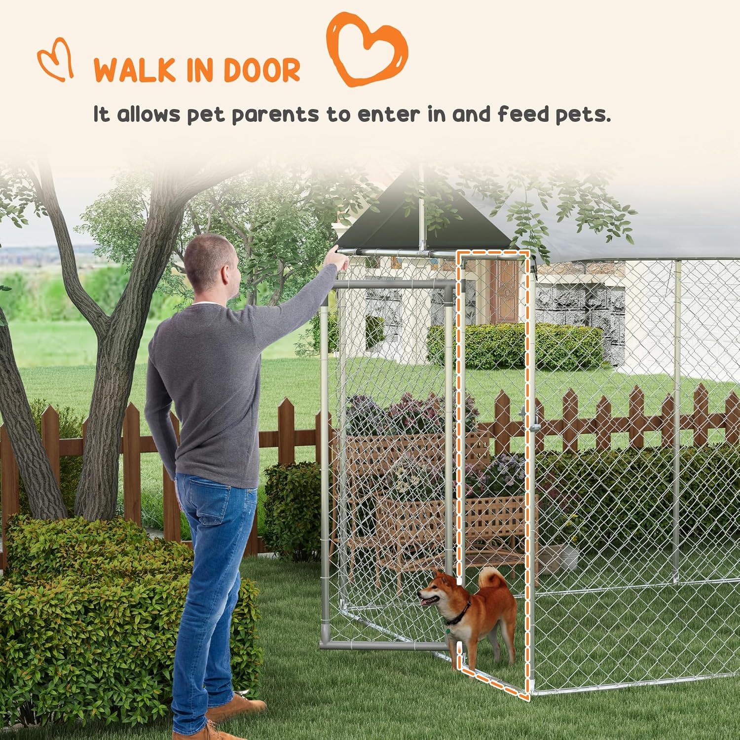 PawHut Large Dog Kennel Outside, Heavy Duty Dog Cage with Waterproof Cover, Outdoor Fence Dog Run with Galvanized Chain Link, Secure Lock, 19.7' x 7.5' x 7.5'