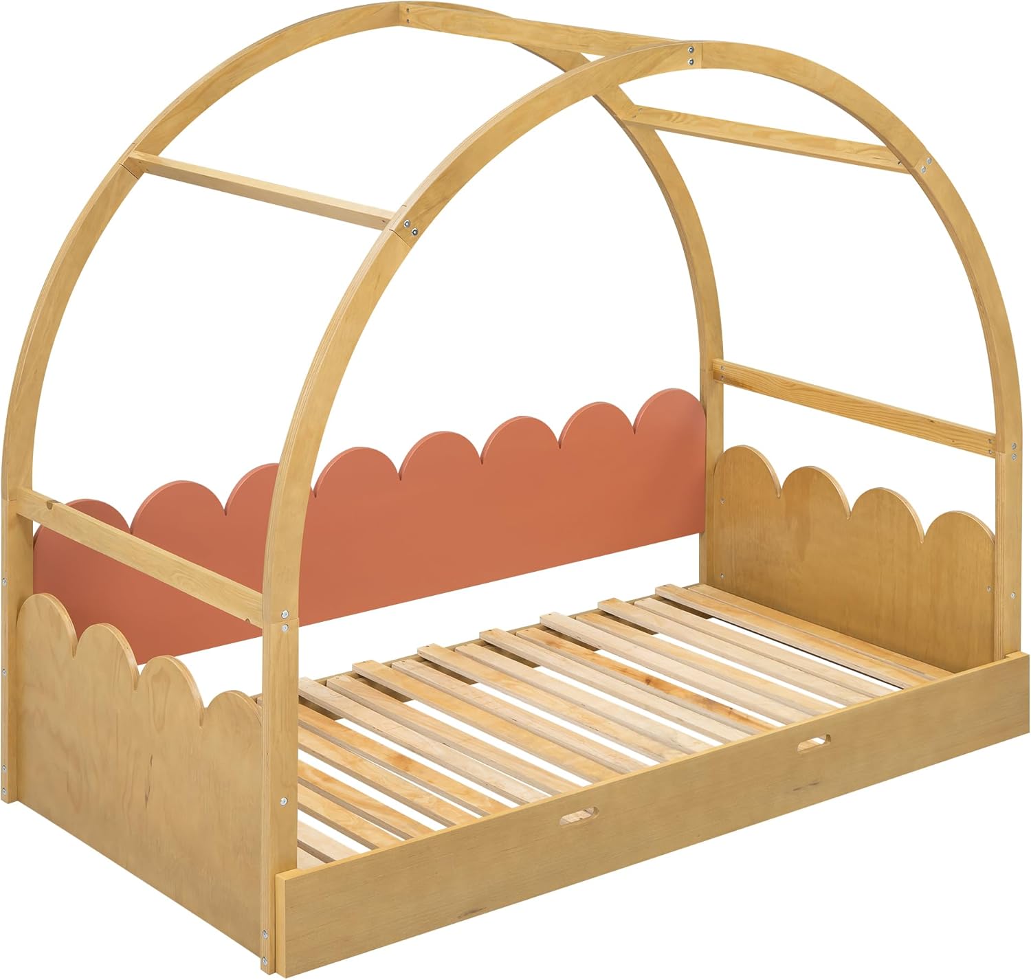 Floor Bed Twin to King, Wood House Montessori Bed Frame with Fence Rails and Vaulted Roof, Extending Kids Bed for 2 Girls Boys, Playhouse Design, Natural