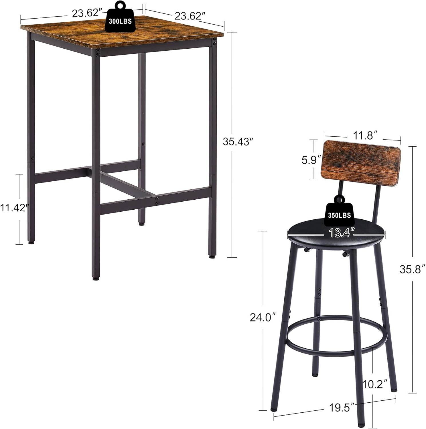 Bar Table and Chairs Set, Sqaure Dining Table Set for 2 with PU Soft Seat and Backrest, Kitchen Table and Chairs for Small Spaces, Kitchen and Bar, Rustic Brown