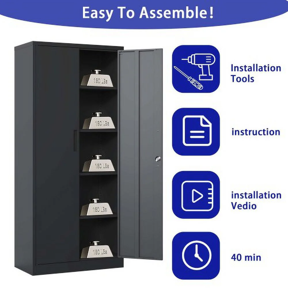 72"H Metal Garage Storage Cabinet, Black Tool Steel Locking Cabinet with Doors and 4 Shelves