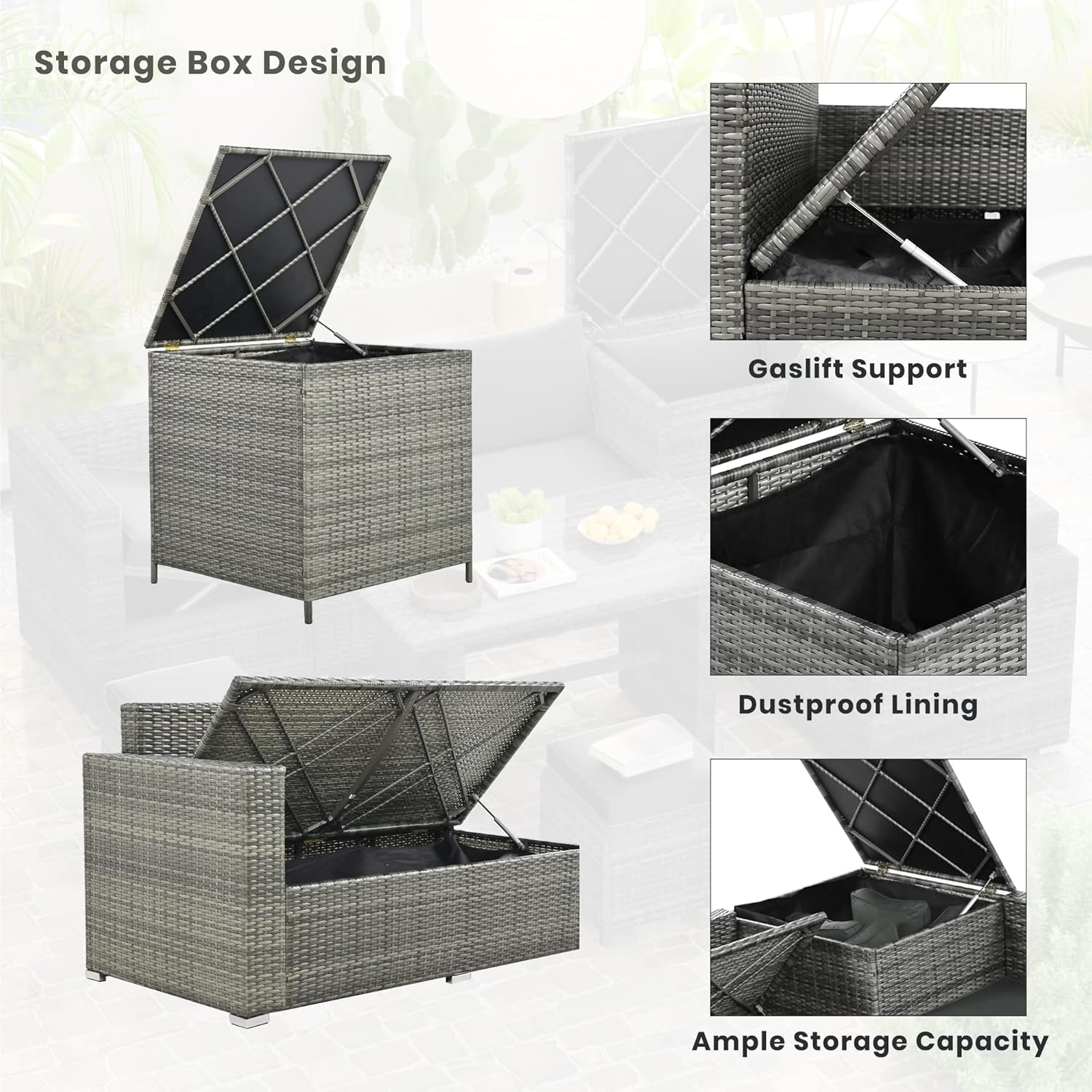 Outdoor 6-Piece All Weather PE Rattan Sofa Set, Garden Patio Wicker Sectional Furniture Set with Adjustable Seat, Storage Box, Removable Covers and Tempered Glass Top Table,Grey