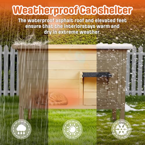 BRIOPAWS Outdoor-Cat-House-Insulated | Feral-Cat-Shelter for Winter | Weatherproof | Large Wooden Pet House for Multiple Cats | Foldable Ladder | Acrylic Side Window | Grey