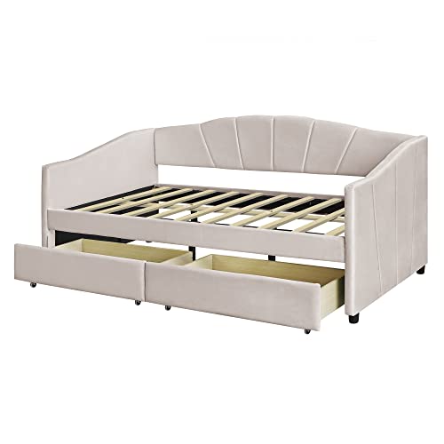 Harper & Bright Designs Twin Size Daybed, Upholstered Daybed with Two Storage Drawers, Wood Daybed Twin Size, Wood Slat Support Day Bed Frame, No Box Spring Needed, Easy Assembly, Beige