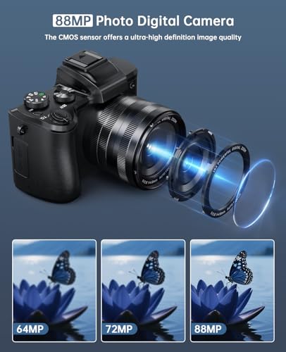 8K Digital Cameras for Photography - Autofocus 88MP WiFi Vlogging Camera for YouTube with Dual-Lens - 16X Digital Zoom Vlog Camera with Lens Hood, Flash, Touch Screen, 2 Batteries, 32GB TF Card