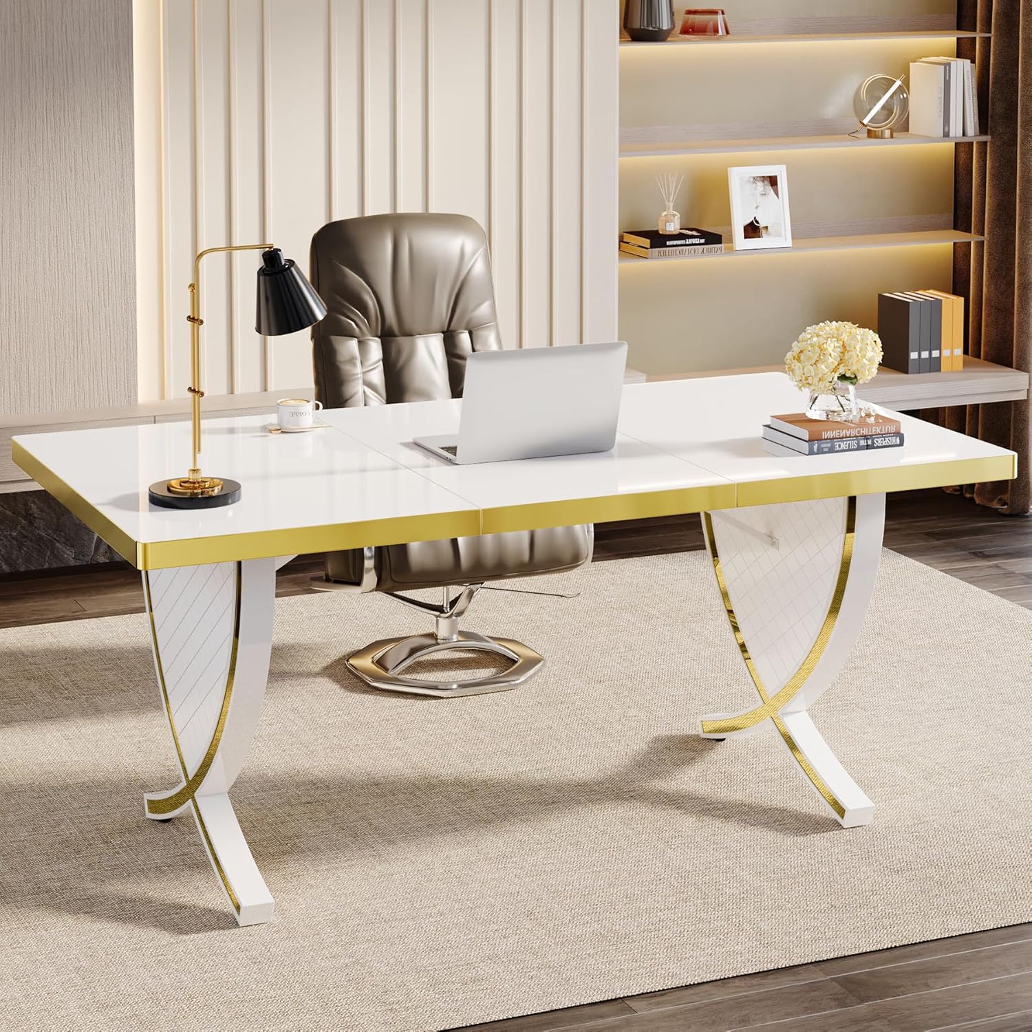 Tribesigns 63" Modern Executive Desk, Large Office Desk with Thickened Frame, Glossy Computer Desk Writing Desk Study Table for Home Office, White & Gold