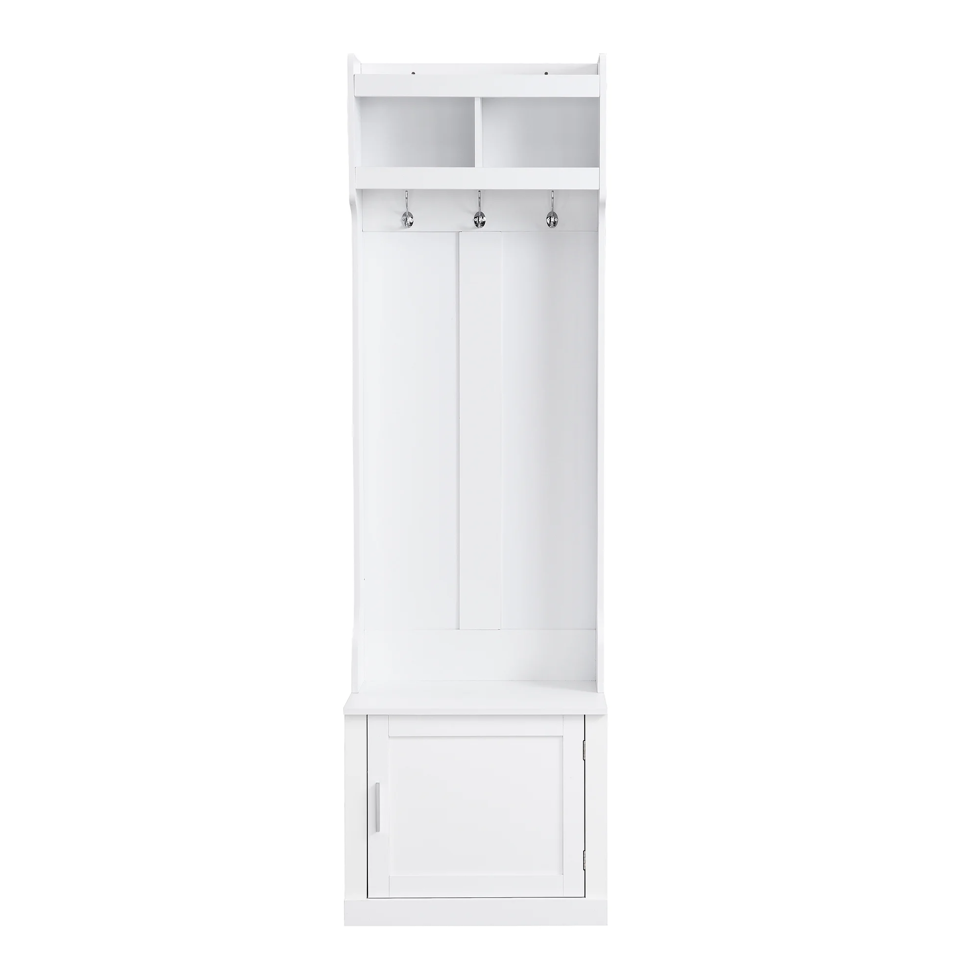 CoSoTower Minimalist Slim Hall Tree with Cabinet & 6 Hanging Hooks, Multi-Functional Storage Bench with Coat Rack, Elegant Foyer Cabinet for Hallway, Living Room, White